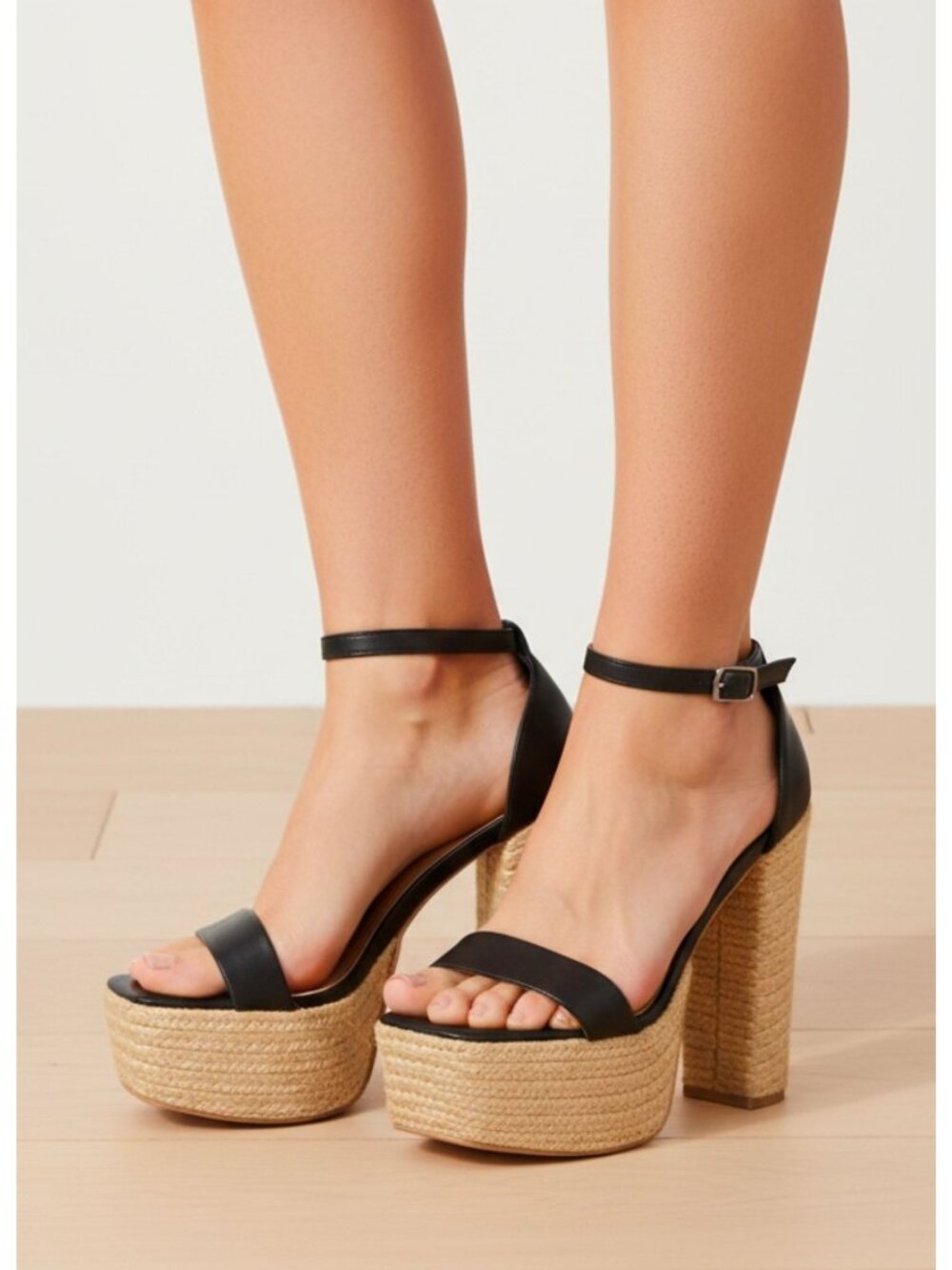 Black Ankle Strap Platform Sandals With Braided Block Heel Design Womens Size